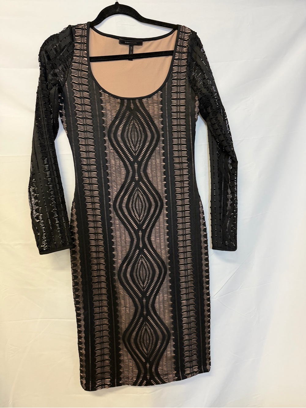 BCBGMaxAzria Black Mesh Bodycon Dress S Nude Lined Geometric Stretch
